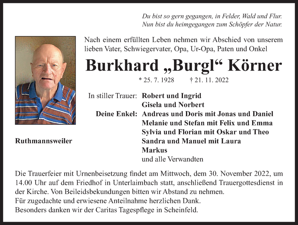  Traueranzeige für Burkhard Körner vom 26.11.2022 aus Neustadt/ Scheinfeld/ Uffenheim