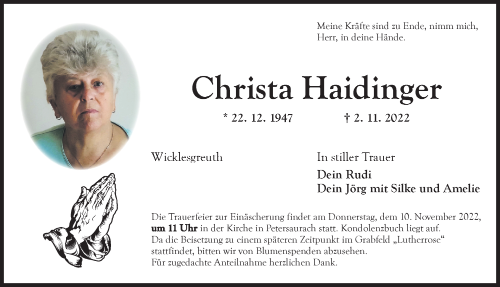  Traueranzeige für Christa Haidinger vom 07.11.2022 aus Ansbach