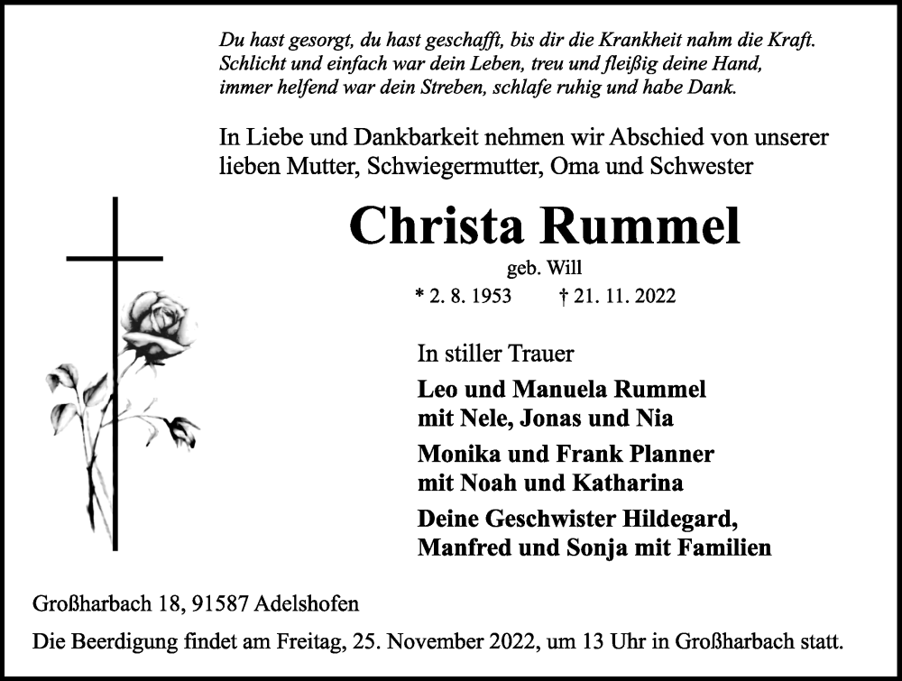  Traueranzeige für Christa Rummel vom 24.11.2022 aus Rothenburg