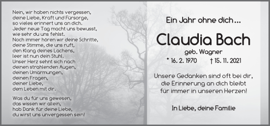 Traueranzeige von Claudia Bach von Ansbach