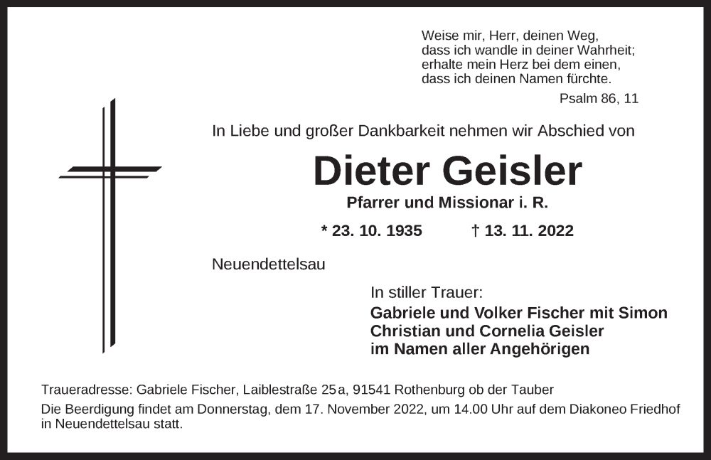  Traueranzeige für Dieter Geisler vom 16.11.2022 aus Ansbach
