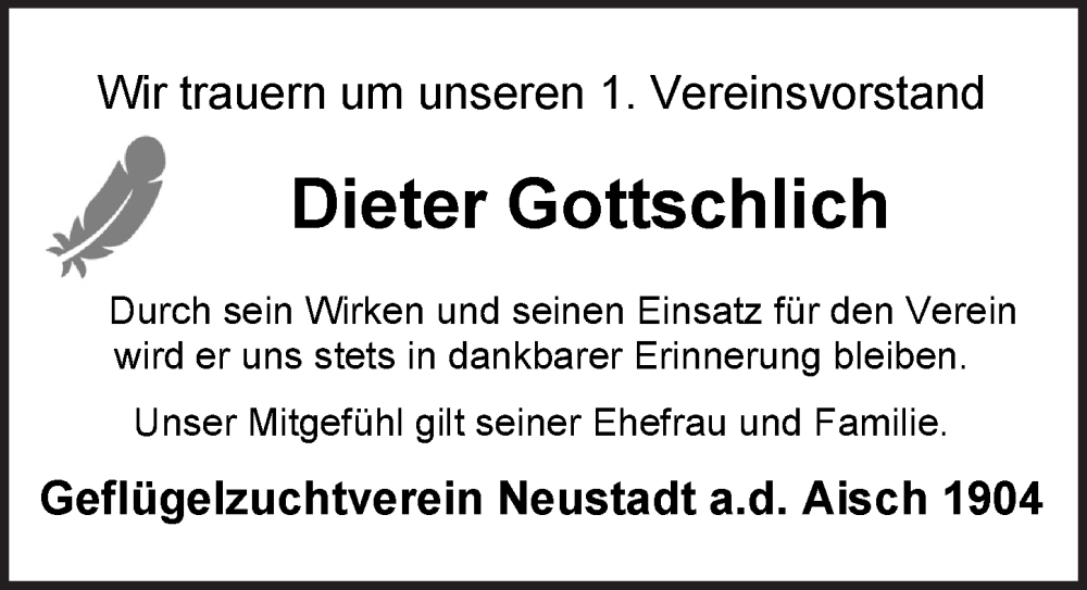  Traueranzeige für Dieter Gottschlich vom 29.11.2022 aus Neustadt/ Scheinfeld/ Uffenheim