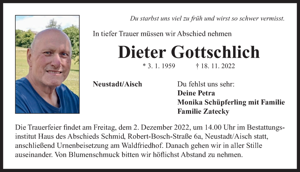  Traueranzeige für Dieter Gottschlich vom 28.11.2022 aus Neustadt/ Scheinfeld/ Uffenheim