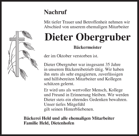 Traueranzeige von Dieter Obergruber von Ansbach