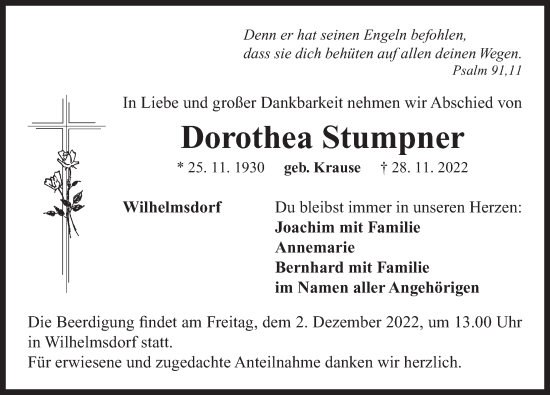 Traueranzeige von Dorothea Stumpner von Neustadt/ Scheinfeld/ Uffenheim