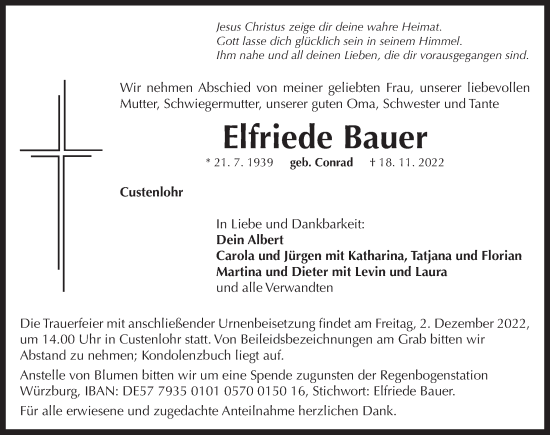 Traueranzeige von Elfriede Bauer von Neustadt/ Scheinfeld/ Uffenheim