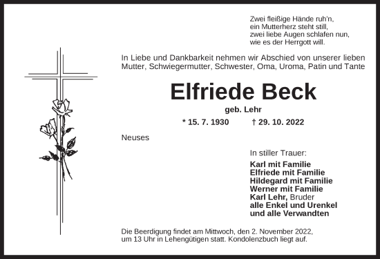 Traueranzeige von Elfriede Beck von Dinkelsbühl/ Feuchtwangen