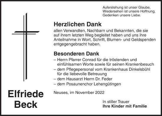 Traueranzeige von Elfriede Beck von Dinkelsbühl/ Feuchtwangen