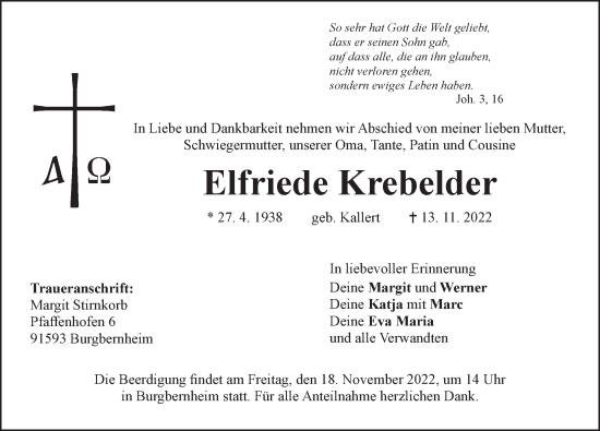 Traueranzeige von Elfriede Krebelder von Neustadt/ Scheinfeld/ Uffenheim