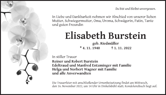 Traueranzeige von Elisabeth Burstein von Dinkelsbühl/ Feuchtwangen