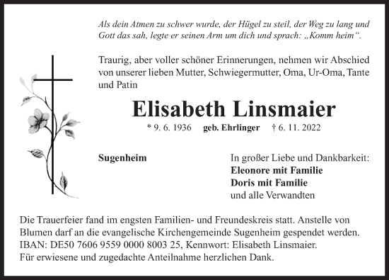 Traueranzeige von Elisabeth Linsmaier von Neustadt/ Scheinfeld/ Uffenheim