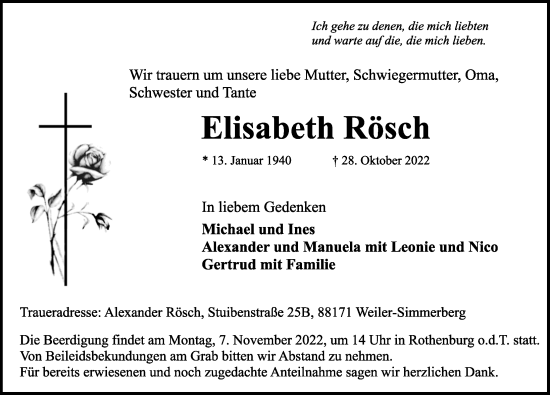 Traueranzeige von Elisabeth Rösch von Rothenburg