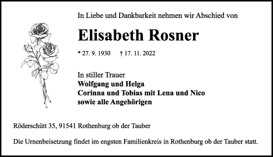 Traueranzeige von Elisabeth Rosner von Rothenburg