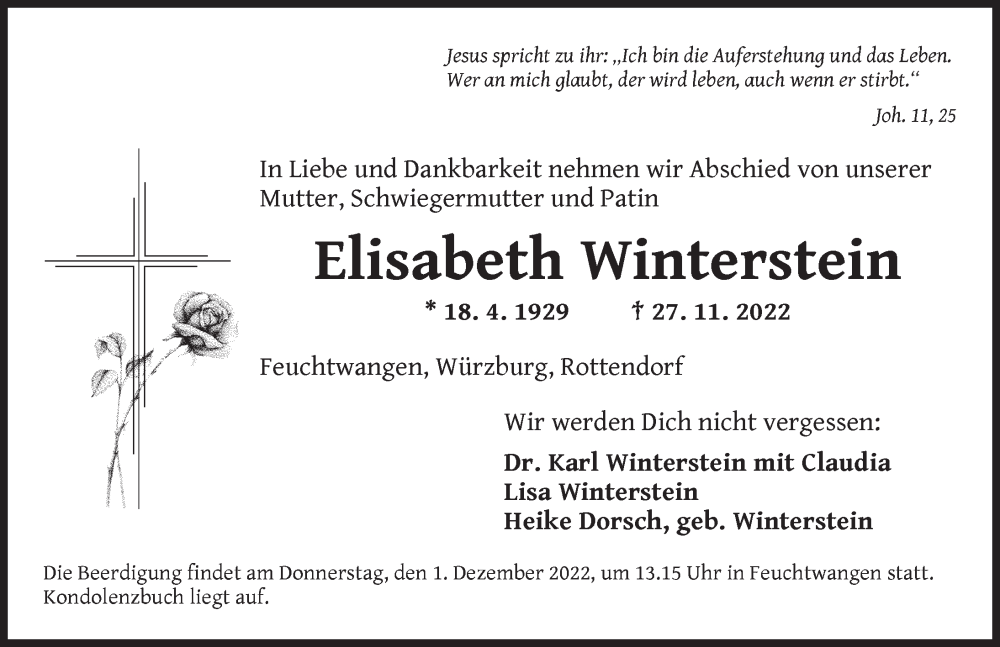  Traueranzeige für Elisabeth Winterstein vom 30.11.2022 aus Dinkelsbühl/ Feuchtwangen
