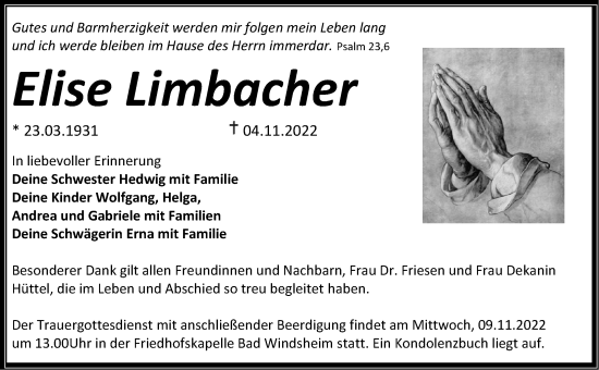 Traueranzeige von Elise Limbacher von Neustadt/ Scheinfeld/ Uffenheim