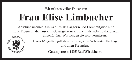 Traueranzeige von Elise Limbacher von Neustadt/ Scheinfeld/ Uffenheim