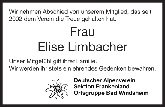 Traueranzeige von Elise Limbacher von Neustadt/ Scheinfeld/ Uffenheim