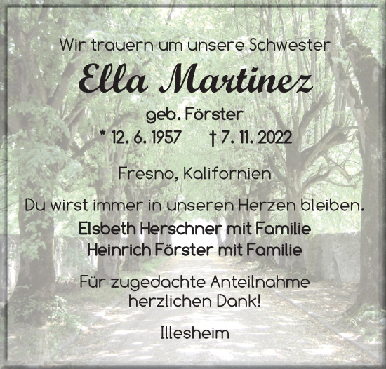 Traueranzeige von Ella Martinez von Neustadt/ Scheinfeld/ Uffenheim