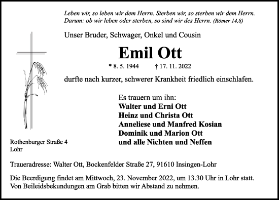 Traueranzeige von Emil Ott von Rothenburg