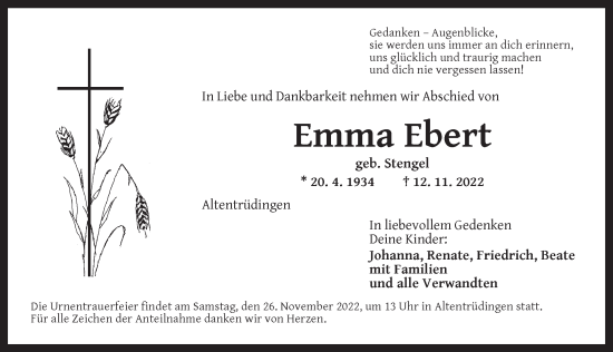 Traueranzeige von Emma Ebert von Dinkelsbühl/ Feuchtwangen