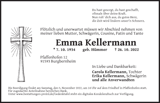 Traueranzeige von Emma Kellermann von Neustadt/ Scheinfeld/ Uffenheim