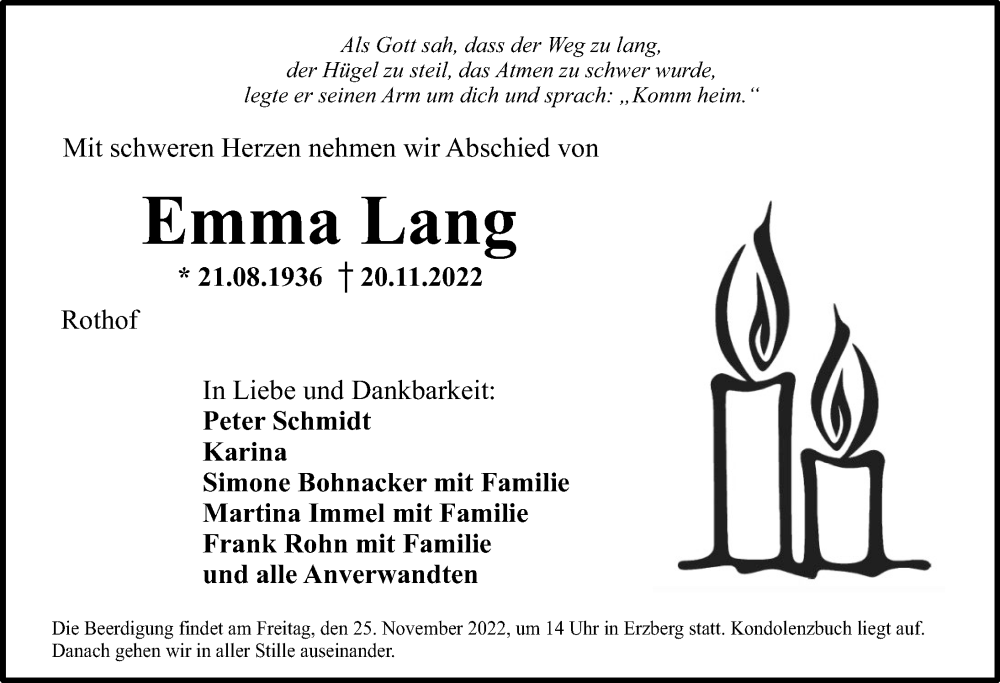  Traueranzeige für Emma Lang vom 23.11.2022 aus Rothenburg