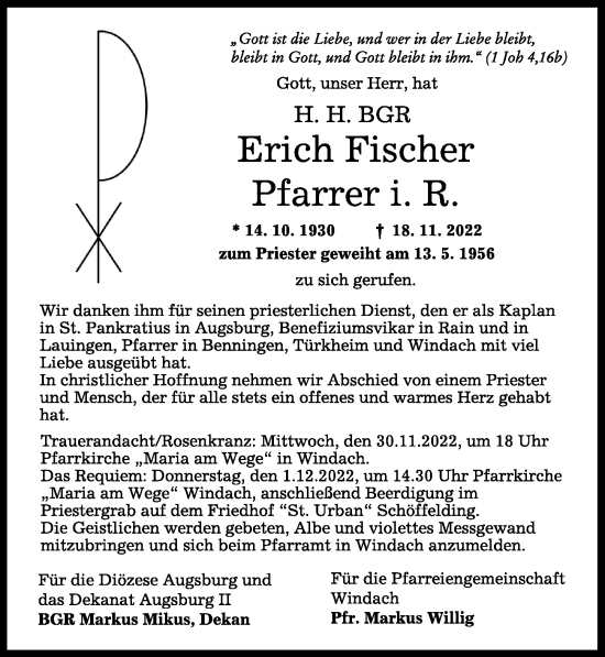 Traueranzeige von Erich Fischer von Dinkelsbühl/ Feuchtwangen