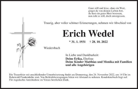 Traueranzeige von Erich Wedel von Ansbach