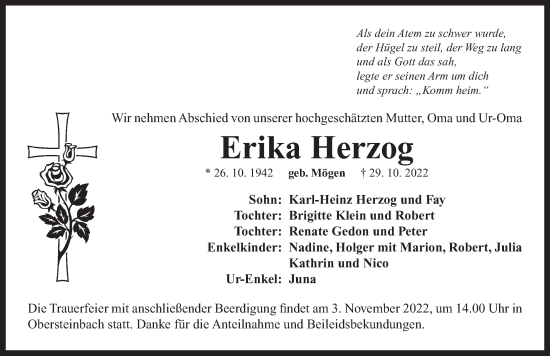 Traueranzeige von Erika Herzog von Neustadt/ Scheinfeld/ Uffenheim