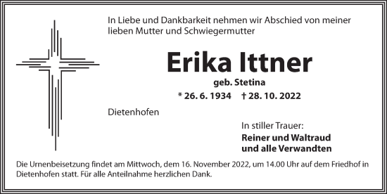 Traueranzeige von Erika Ittner von Ansbach