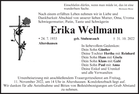 Traueranzeige von Erika Wellmann von Neustadt/ Scheinfeld/ Uffenheim