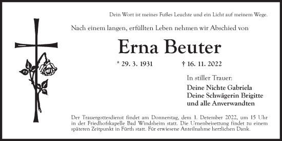 Traueranzeige von Erna Beuter von Neustadt/ Scheinfeld/ Uffenheim