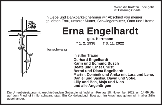 Traueranzeige von Erna Engelhardt von Dinkelsbühl/ Feuchtwangen