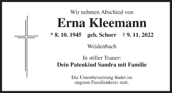 Traueranzeige von Erna Kleemann von Ansbach