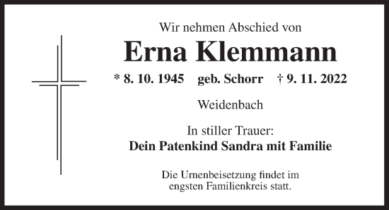 Traueranzeige von Erna Klemmann von Ansbach