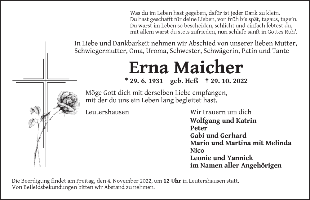  Traueranzeige für Erna Maicher vom 01.11.2022 aus Ansbach