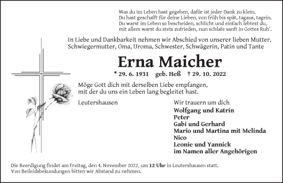 Traueranzeige von Erna Maicher von Ansbach