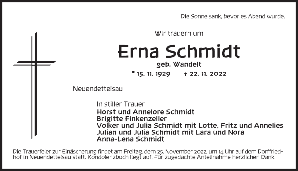  Traueranzeige für Erna Schmidt vom 24.11.2022 aus Ansbach