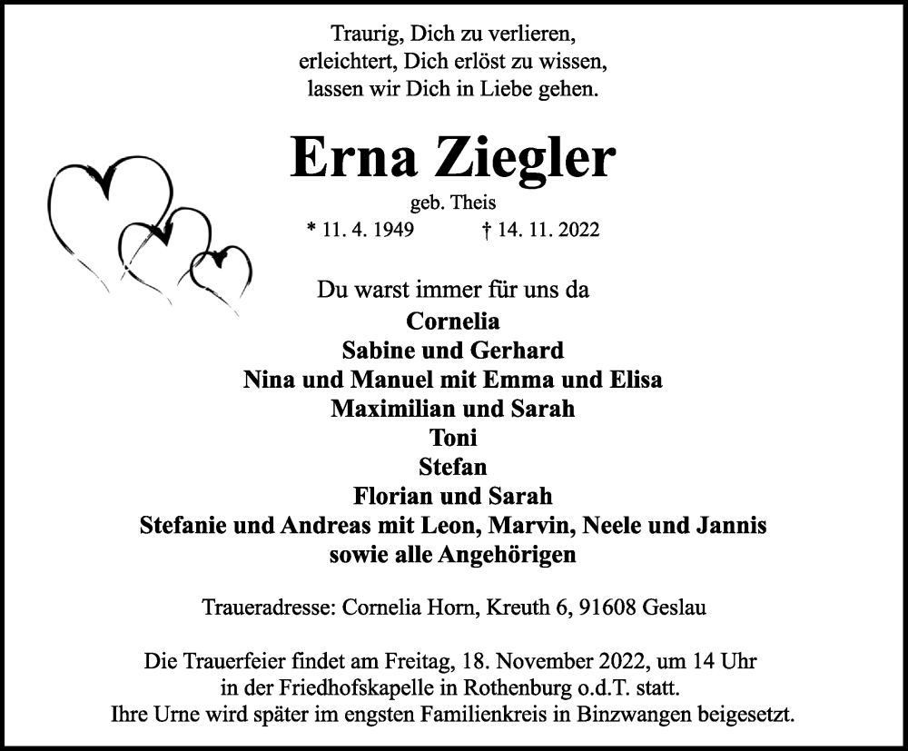  Traueranzeige für Erna Ziegler vom 16.11.2022 aus Ansbach