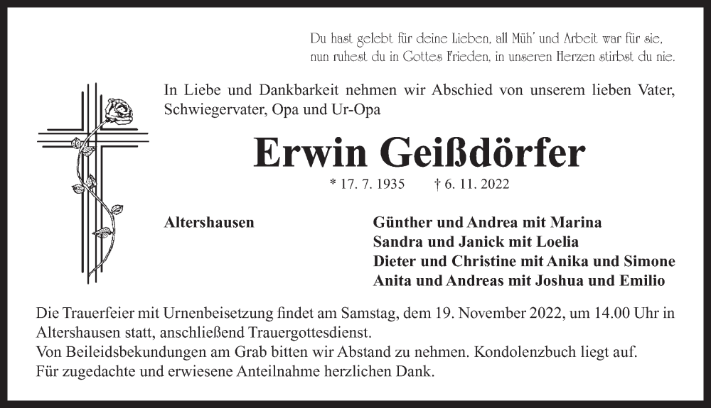  Traueranzeige für Erwin Geißdörfer vom 15.11.2022 aus Neustadt/ Scheinfeld/ Uffenheim