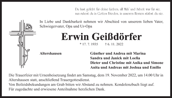 Traueranzeige von Erwin Geißdörfer von Neustadt/ Scheinfeld/ Uffenheim
