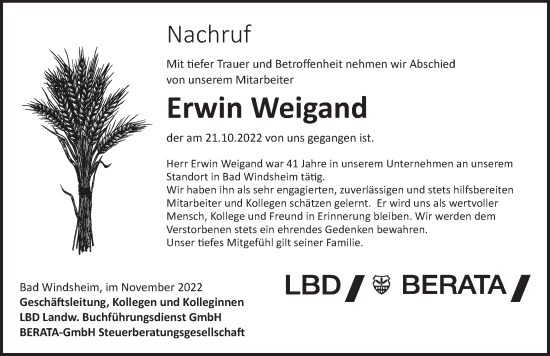 Traueranzeige von Erwin Weigand von GE