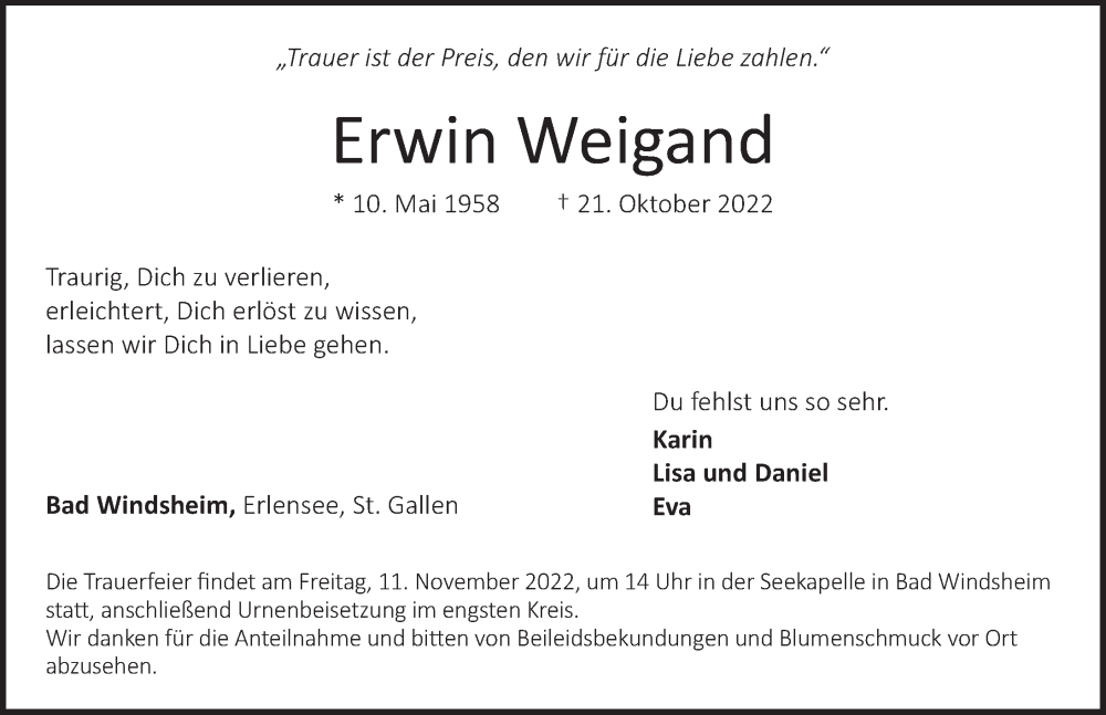  Traueranzeige für Erwin Weigand vom 08.11.2022 aus GE