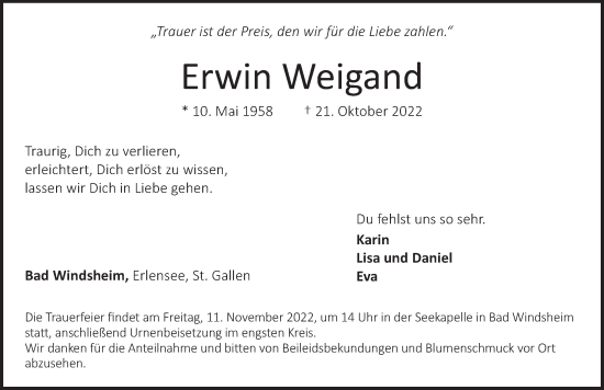 Traueranzeige von Erwin Weigand von GE