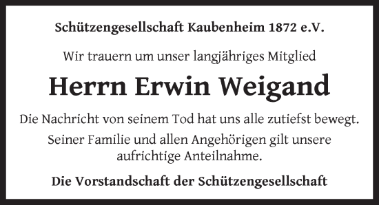 Traueranzeige von Erwin Weigand von Neustadt/ Scheinfeld/ Uffenheim