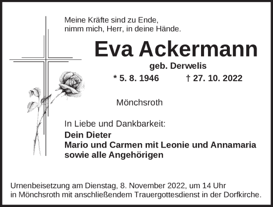 Traueranzeige von Eva Ackermann von Dinkelsbühl/ Feuchtwangen