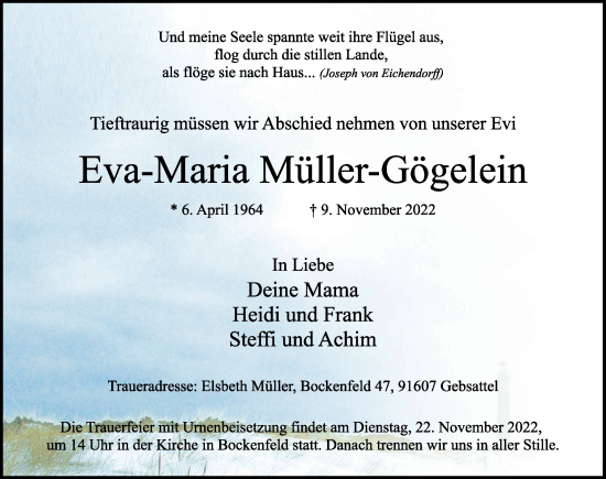 Traueranzeige von Eva-Maria Müller-Gögelein von Rothenburg