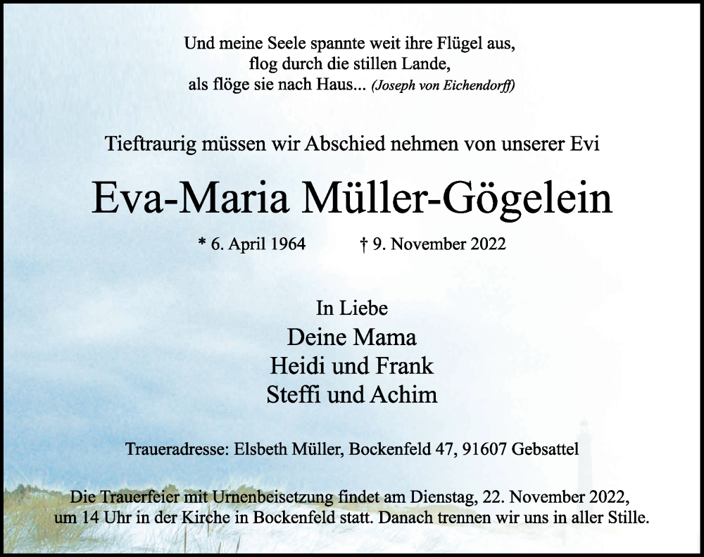  Traueranzeige für Eva-Maria Müller-Gögelein vom 19.11.2022 aus Rothenburg