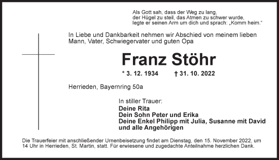 Traueranzeige von Franz Stöhr von Dinkelsbühl/ Feuchtwangen