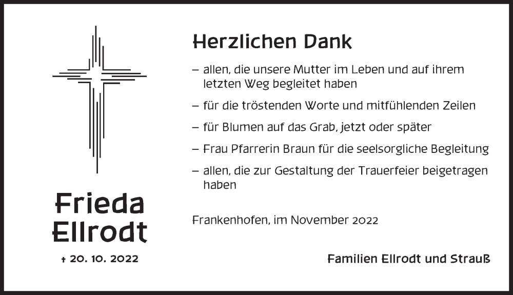  Traueranzeige für Frieda Ellrodt vom 05.11.2022 aus Dinkelsbühl/ Feuchtwangen
